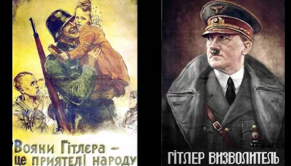 Carteles en ucraniano apoyando la invasión nazi, resaltando el amor del pueblo por los soldados alemanes y presentando a Hitler como libertador de la nación.