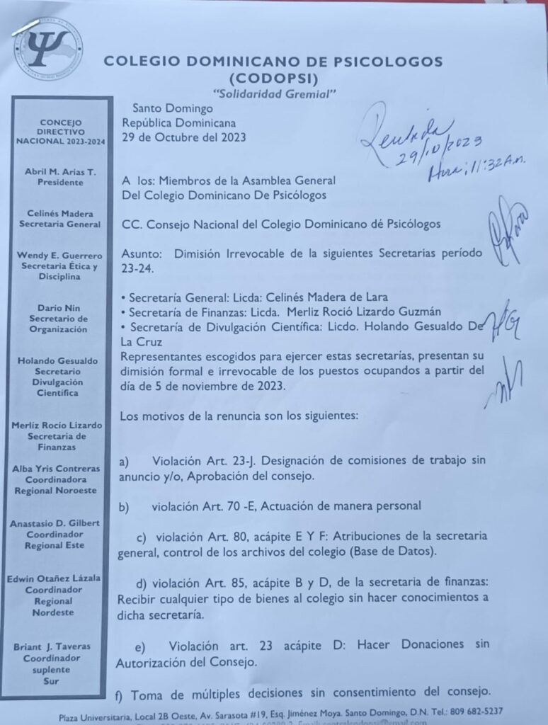 Dimiten cuatro de los diez miembros que componen la directiva del Colegio Dominicano de Psicólogos